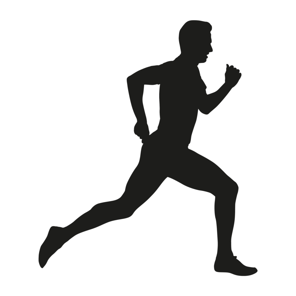 Silhouette of a person running with an upright posture, left leg extended forward, and right arm bent upward. The figures profile is visible against a plain background.